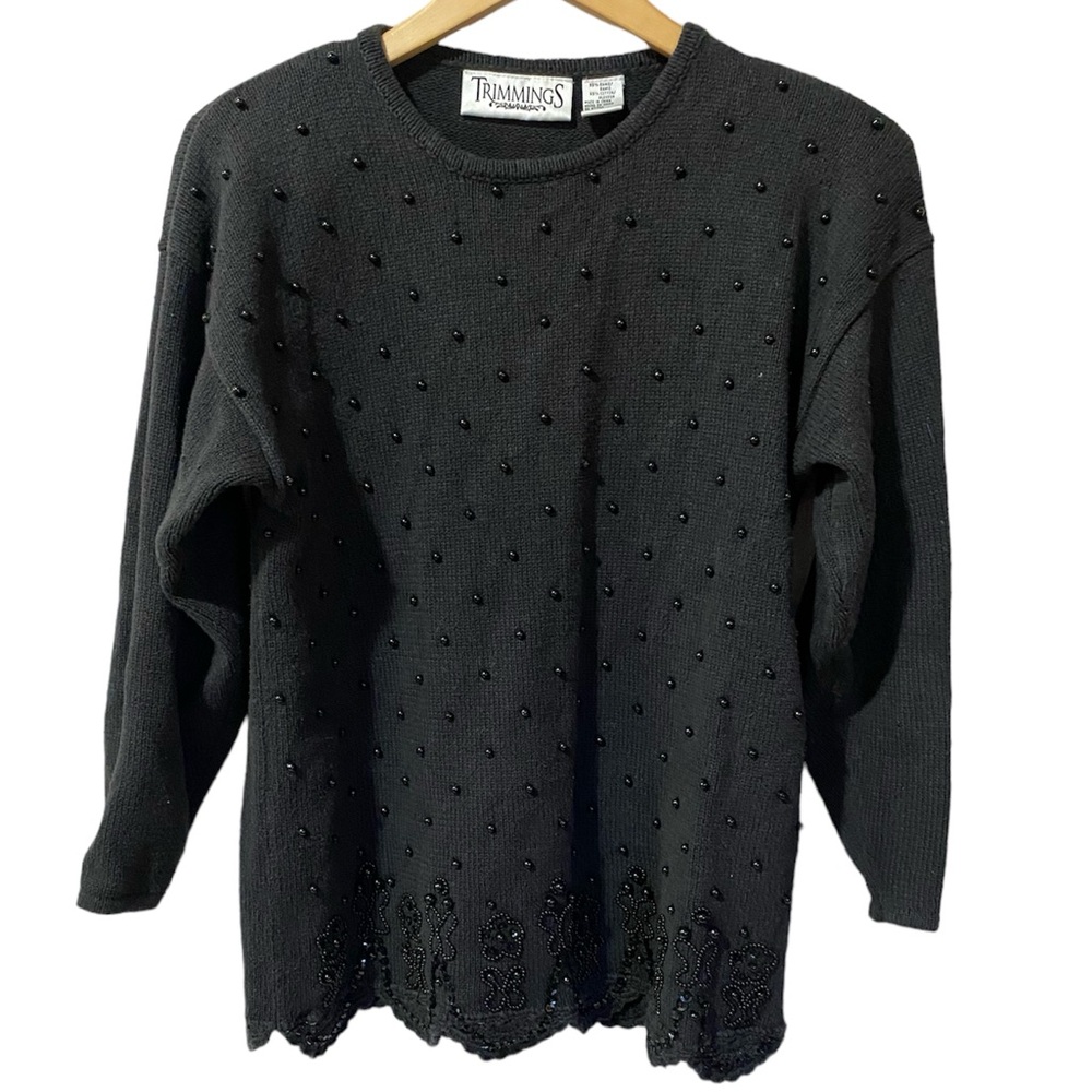VINTAGE TRIMMINGS BLACK SWEATER BEADED & KNIT SIZE M GOOD CONDITION